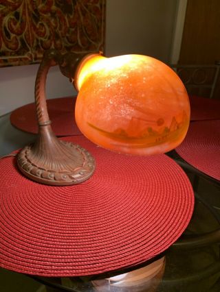 Vtg Antique Art Deco Aladdin Desk Lamp 50 W/ Reverse Painted Glass Lampshade