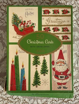 41 Vintage 50’s Sangamon Christmas Cards Santa Snowman Bells Poinsettias