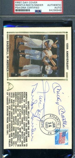 Mickey Mantle Willie Mays Duke Snider Psa Dna Signed Fdc Cache Autograph