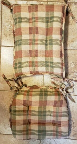 Vintage Rocking Chair Cushion Pad Set Burnt Orange Green Cream Plaid Tie Backs