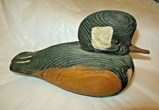 Vtg Hooded Merganser Hand Carved Wood Duck Decoy Signed Leary 1984 Glass Eyes