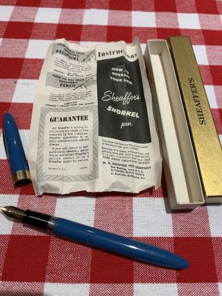 Vintage Blue Sheaffers Snorkel Fountain Pen - Box And Instructions 14kt