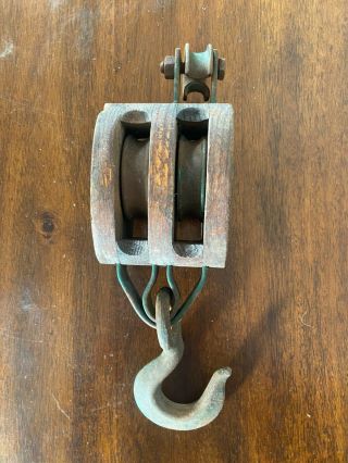 Vintage Block And Tackle Double Wooden Pulley Uw Primitive