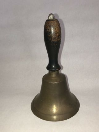 Vintage Hand Held School Teacher’s Bell Brass Wood Antique 7” Tall W/ Clacker