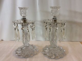 2 Antique Vintage Stacked Glass Candle Stick Holders With 12 Prism Crystals Each
