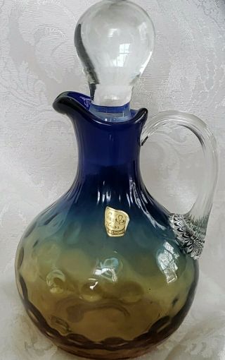 Vintage Bohemia Blue & Amber Glass Cruet Thumbprint Pattern Unusual