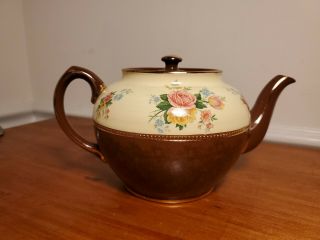 Vintage Sadler Staffordshire England Teapot - Brown With Gold Trim,  &pink Flower