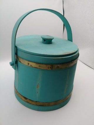 Vintage Blue Painted Wooden Firkin Sugar Bucket Metal Band With Lid