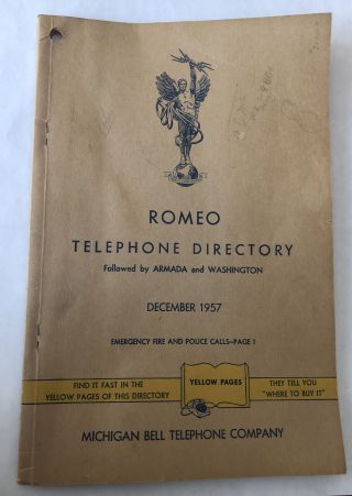 1957 Phone Book Directory Vtg Romeo Armada Michigan Bell Telephone Yellow Pages