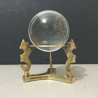 Unique Vintage Glass Crystal Glass Ball Sphere With Brass Seahorse Base