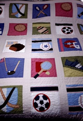 Vintage Pottery Barn Kids Sports Themed Twin Comforter Quilt Bedspread