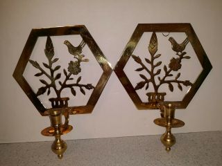 Vintage Chinese Brass Candle Holder Wall Sconce Hexagon Bird & Floral Decor