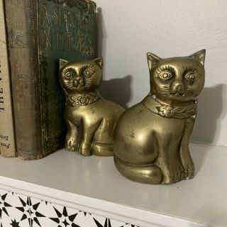 Vintage Set Of 2 Brass Cat Book Ends Statues Figurines Heavy Floral