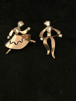Vintage Set Of 2 Gold Tone Rhinestone Man Woman Dancer Pin Brooch Set
