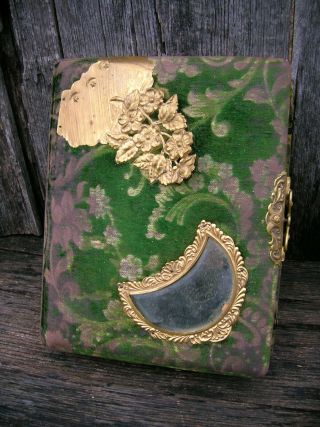 Rare Vintage Old Antique Green Mirrored Velvet And Ornate Brass Photo Album