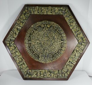 Vintage Wood Mexican Folk Art Aztec Mayan Calendar 15 " Crushed Green Stone