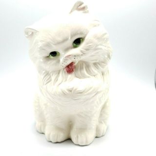 Vintage Ceramic Persian Cat Kitten,  White With Green Eyes,  Pink Tongue,  10 " Tall