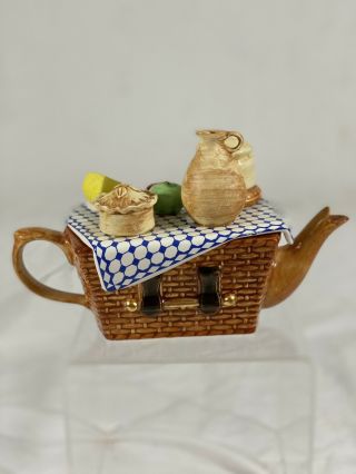 Vintage Swineside Ceramics - Hand Painted Picnic Basket Teapot England 8”