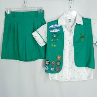 Vintage 90s Girl Scouts Juniors Uniform Vest Patches Pins Shirt Shorts Green