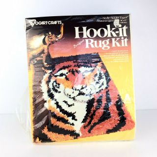 Vintage Vogart Tiger Latch Hook Rug Kit 20 X 27 Craft Yellow Red Box