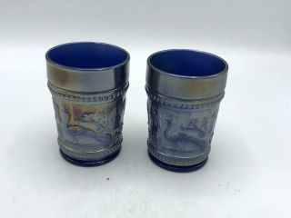 2 Vintage Northwood Blue Carnival Glass Tumblers Peacock At The Fountain