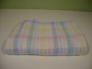 Vintage 100 Cotton Thermal Waffle Weave Woven Pastel Plaid Blanket Made In Usa