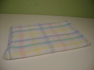 Vintage 100 Cotton Thermal Waffle Weave Woven Pastel Plaid Blanket Made in USA 2
