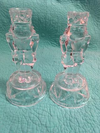 Set Of 2 Vintage 8” Clear Pressed Glass Christmas Nutcracker Taper Candlesticks