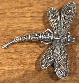 Vintage Sterling Silver Marcasite Dragonfly Brooch Pin