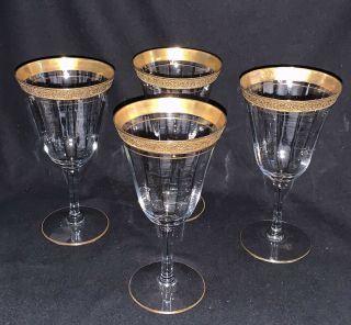 4 Vintage Tiffin Optic Gold Encrusted Rambler Rose Pattern 14196 Water Goblets