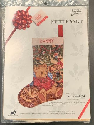 Vintage 1988 Candamar Designs Needlepoint Stocking Kit 30558 " Teddy & Cat "