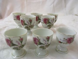 Vintage Japan Porcelain 8 Moss Rose Egg Cups