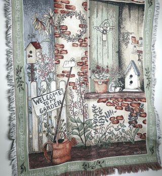 Welcome To My Garden Throw Lap Blanket Birdhouses Cottage Flowers Vintage Cpca
