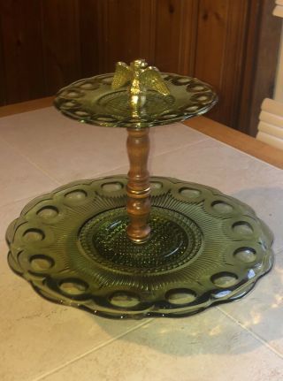 Vintage Two Tiered Dessert Tray Green Glass Thumbprint Gold American Eagle