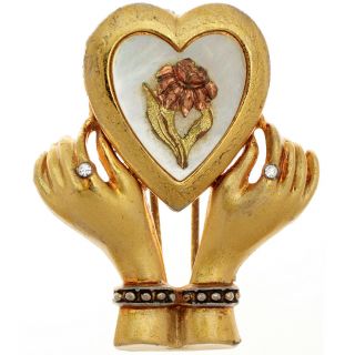 Vintage Locket Fur Clip,  Heart In Hands,  Rhinestone,  Mother Of Pearl Copper Rose