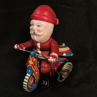 Vintage Suzuki Wind Up Litho Tin Toy Celluloid Santa On Tricycle Made In Japan