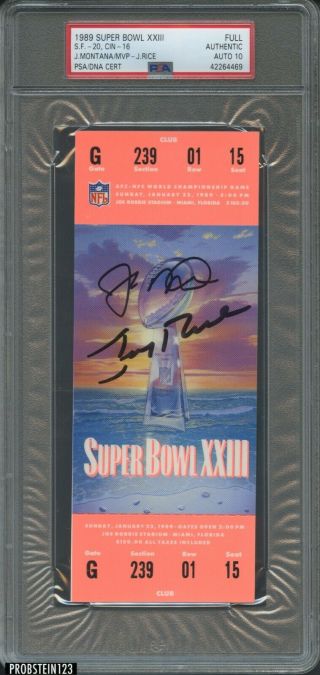 Joe Montana Jerry Rice Signed 1989 Bowl Xxiii Full Ticket Auto Psa/dna 10
