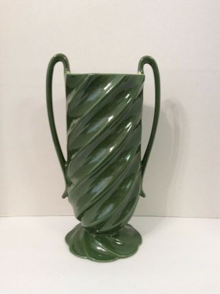 Vintage Red Wing Pottery 1376 Swirl Vase Two Handle Two Tone Dark Green Yellow