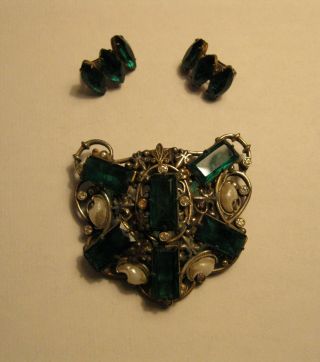 Vintage Art Deco Pot Metal Green/clear Crystals & Faux Pearls Fur Clip,  Earrings
