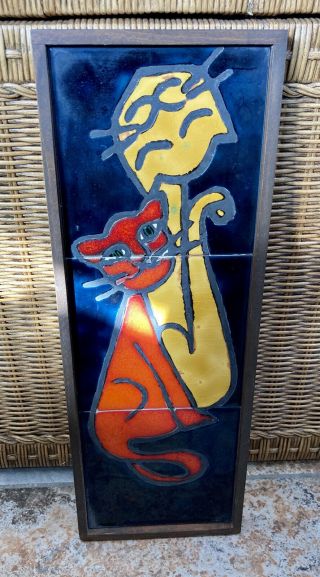 Vintage Mid Century 1960’s Funky Cats Artsy Ceramic Tiles Framed Wall Art