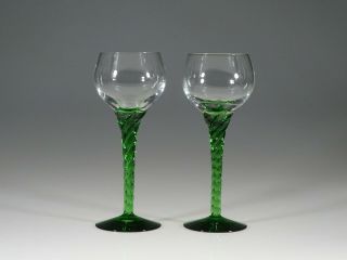 Set Of 2 Vintage German Glass Roemer Wine Glasses Green Twist Stems C.  1965