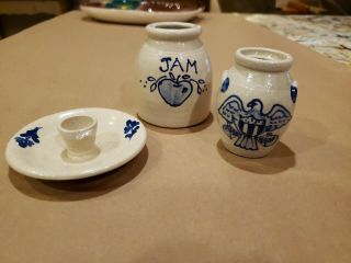 Three Vintage Miniature Wisconsin Pottery Salt Glaze Jug,  Candle Holder,  Jam