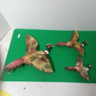 Set Of 3 Vintage Ucagco Flying Ceramic Pheasant Bird Wall Pocket Plaque Japan