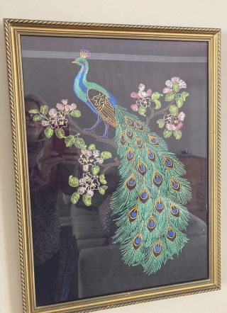 Vintage Peacock Crewel/embrodery Framed Piece