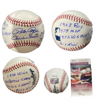 Pete Rose Hand Signed Autographed Inscribed 9 Stats Baseball With Fsg & Jsa