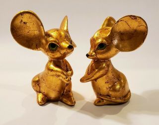 2 Vintage Mcm Freeman Mcfarlin Big Ears Gold Mice Mouse Pair Figurine 5 " Euc Ca