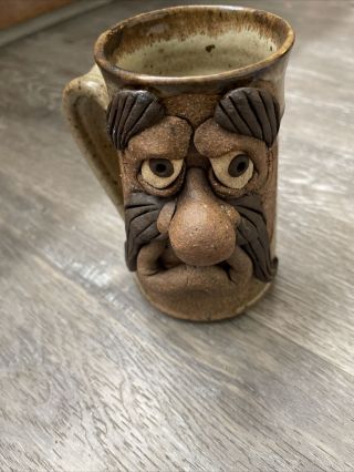 Vintage Ugly Face Pottery Mug Mustache Handmade Stoneware,  Signed D