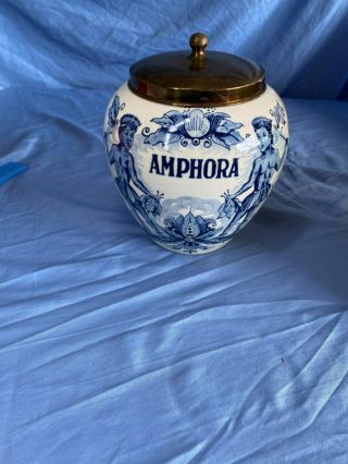 Vintage Delft Blue Holland Hand Painted Amphora Humidor Tobacco Jar With Lid