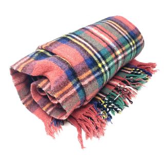 Gimbels Throw Blanket Vintage Italy Red Plaid Tartan Wool Blend 53 X 58 Fringe