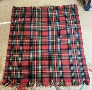 Gimbels Throw Blanket Vintage Italy red plaid tartan Wool blend 53 X 58 fringe 2
